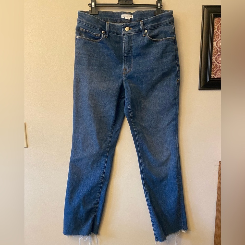 Good American Women's High-Rise Straight Leg Jeans featuring a frayed hem